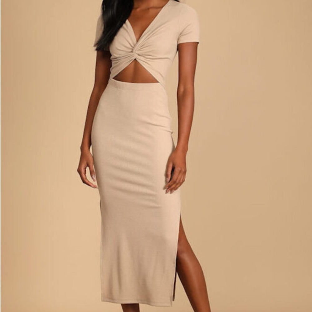 Lulu's Tan Twist-Front Cutout Midi Dress